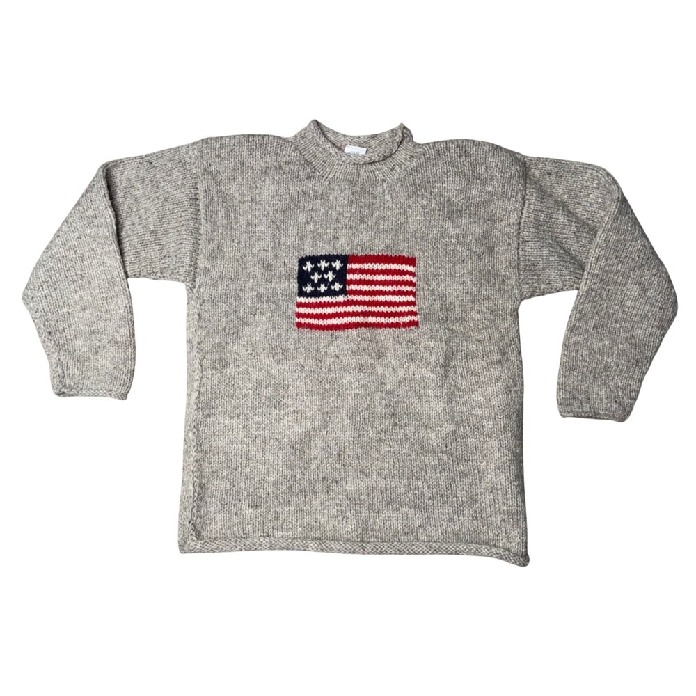Mabuhay Wool American Flag Sweater Mens‎ Large Gray Excellent Hand Knit Nepal